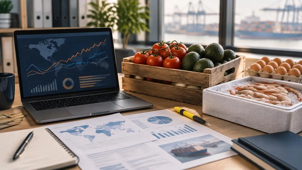 Bureau d'un analyste achats avec un ordinateur portable affichant des graphiques abstraits et une carte du monde, des rapports de marché imprimés, une caisse de tomates et d'avocats, un plateau d'œufs roux et une caisse isotherme de crevettes sur glace, avec un port à conteneurs derrière la fenêtre