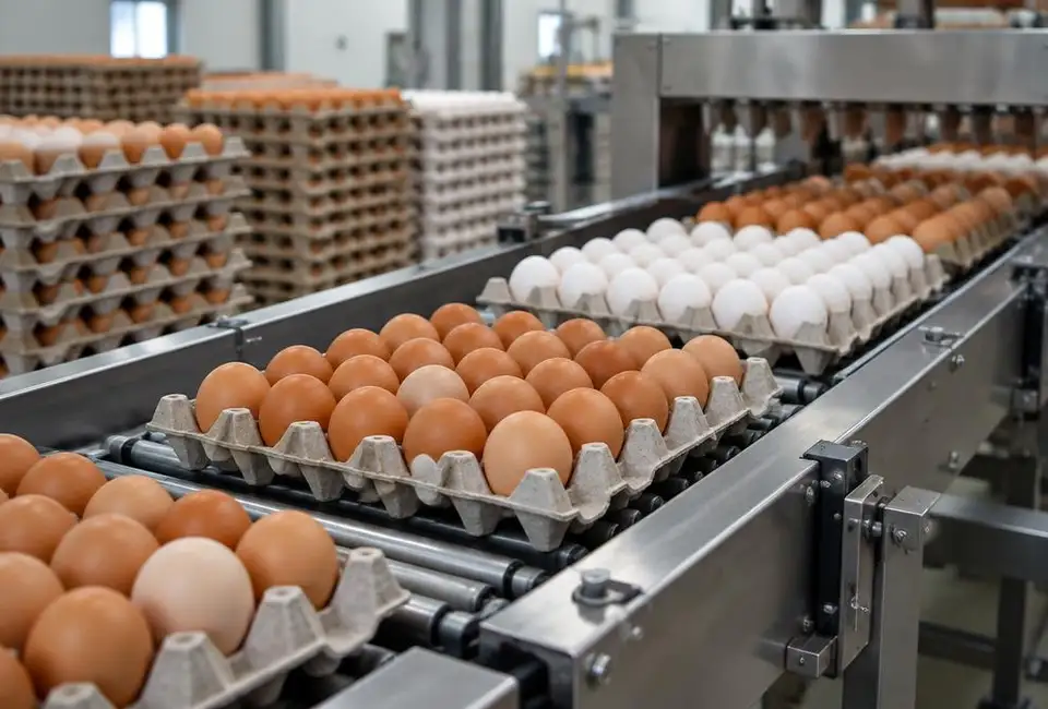 Brown and white eggs in pulp trays on a grading and packing conveyor