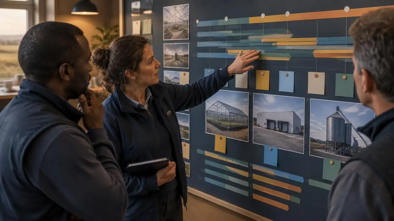 Project manager walking colleagues through a timeline board for greenhouse, cold store and feed silo packages