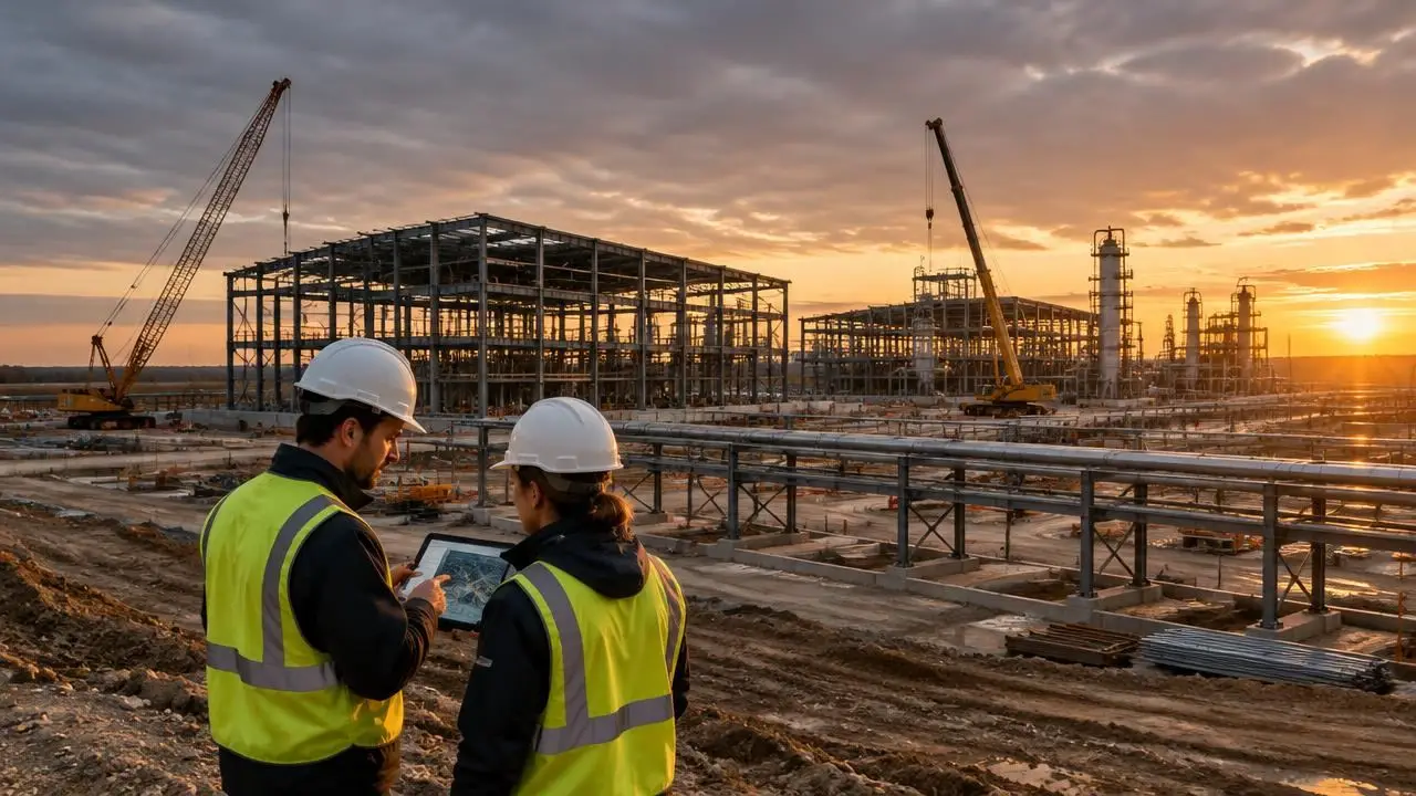 Projektleiter mit Tablet vor einem großen Industriewerk im Bau