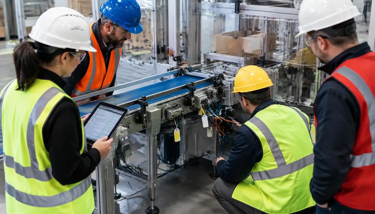 Engineers from several contractor teams in different safety vests checking the tagged junction between a conveyor and a packaging machine, one holding an interface checklist on a tablet