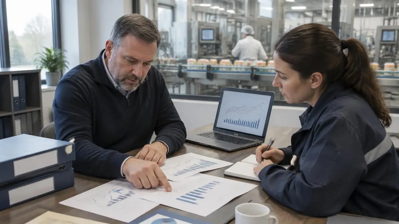 An operations manager and a maintenance engineer review printed trend charts and a laptop of output and downtime data, with report binders on the desk and a packaging line behind the glass