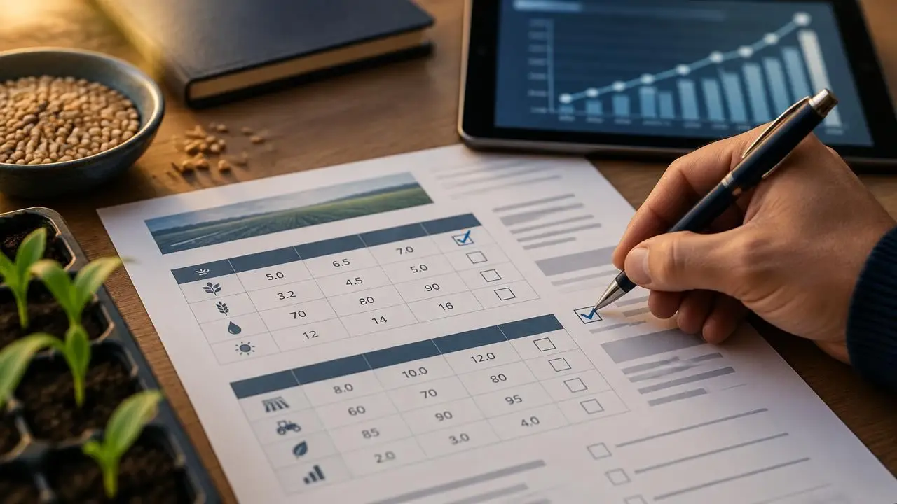 Buyer marking target figures on a requirements document beside a yield chart and seedlings