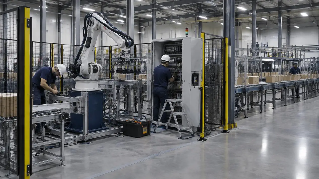 Technicians install a robotic palletising cell and wire a new control cabinet inside a fenced-off section, while the older conveyor section of the same line keeps carrying boxes