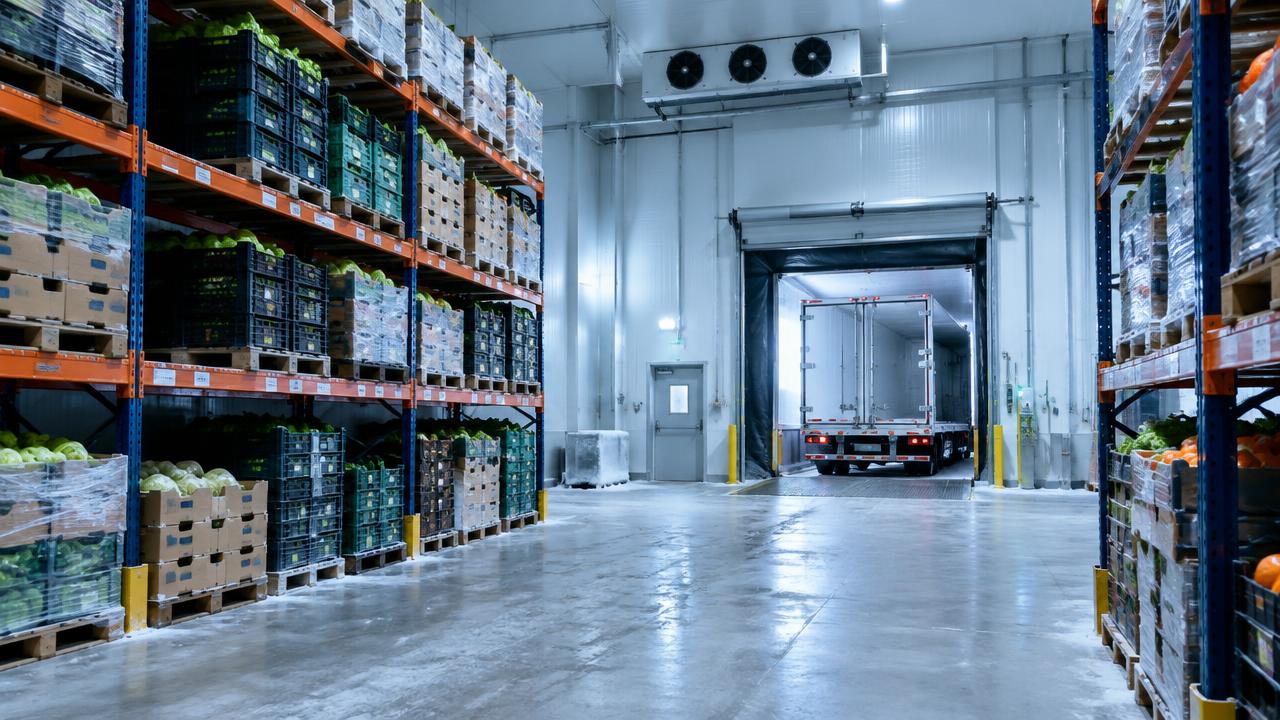 Instalación de cadena de frío con cámaras de almacenamiento aisladas, equipos de refrigeración y zonas de carga con temperatura controlada