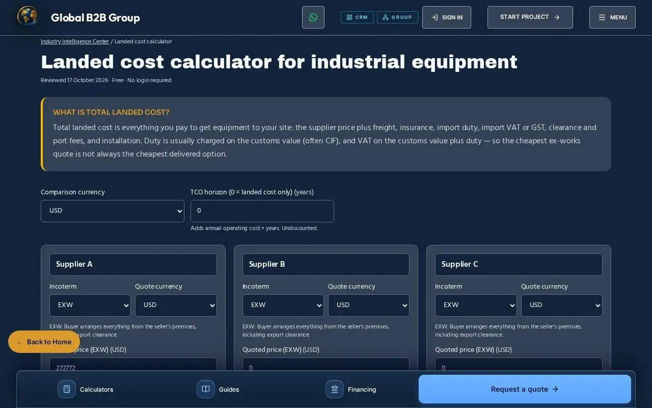 Landed cost comparison tool with three supplier quotes, Incoterm and currency fields