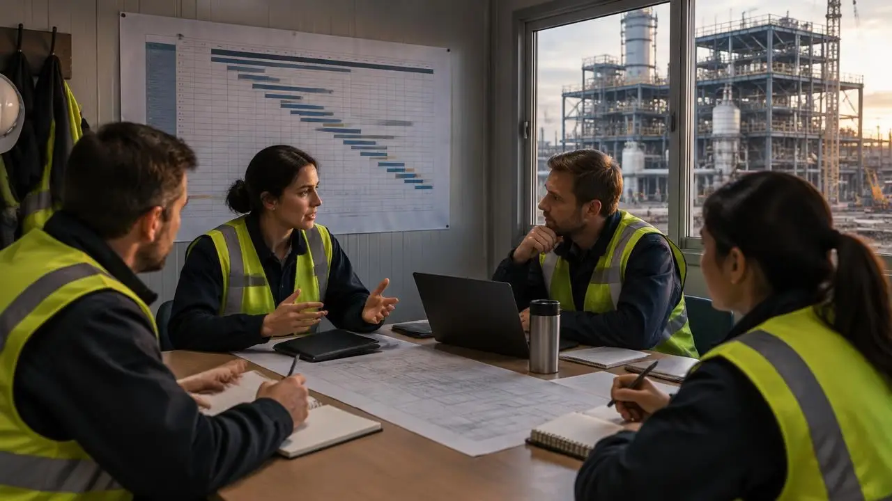 Project engineers in a site office progress meeting with the plant under construction outside