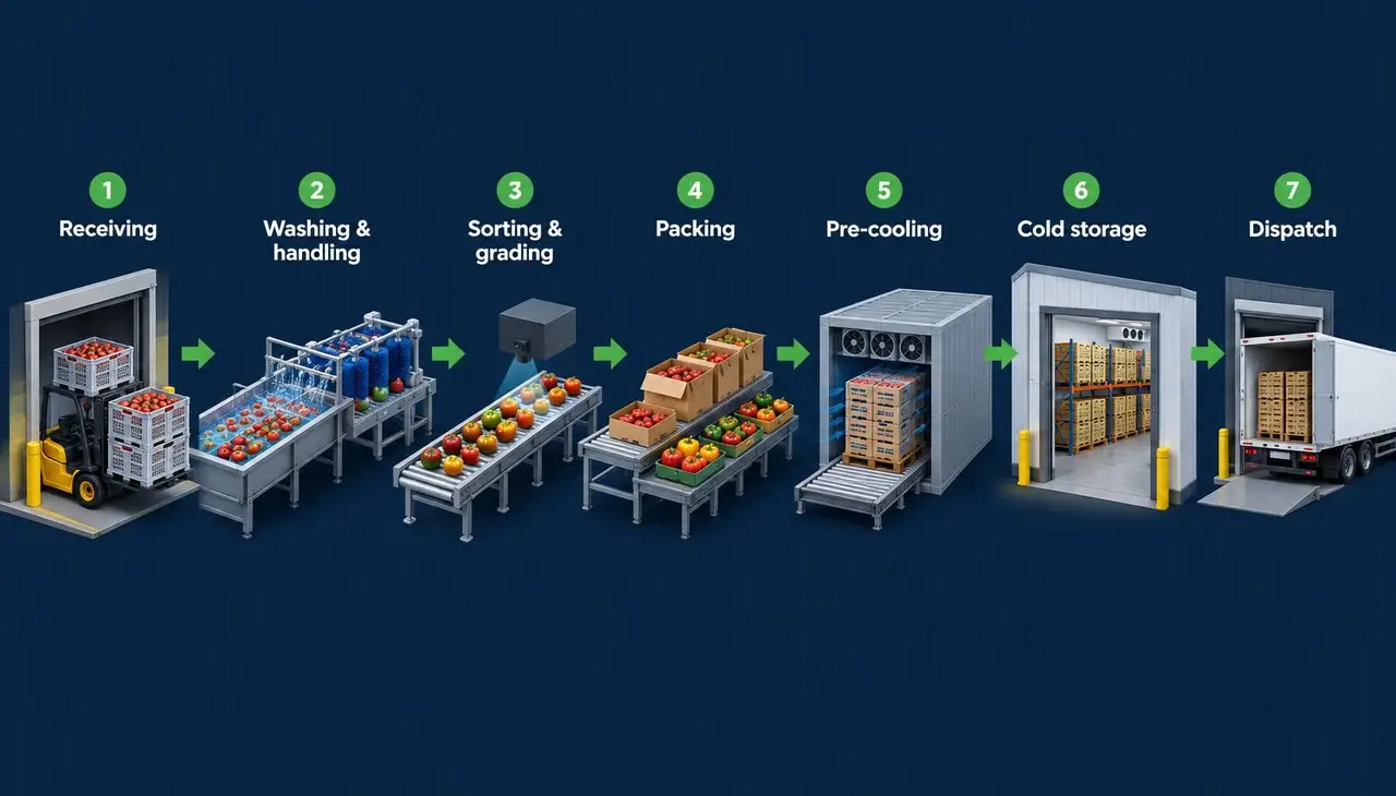 Process-flow illustration of a fresh-produce post-harvest line in seven stages: receiving, washing and handling, sorting and grading, packing, pre-cooling, cold storage and dispatch