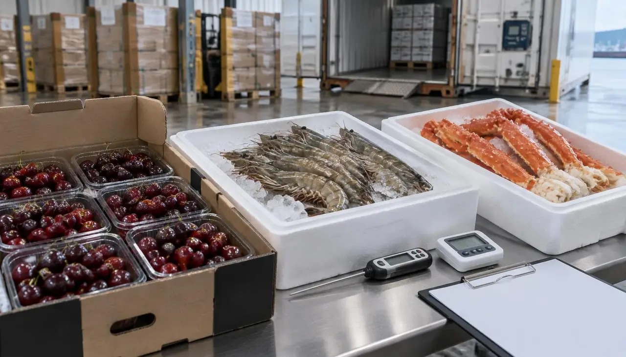 Cartons de cerises rouge foncé de qualité export en barquettes à côté de caisses isothermes de grosses crevettes et de pattes de crabe royal sur glace, avec thermomètre à sonde, enregistreur de température et planchette vierge dans une station de conditionnement réfrigérée