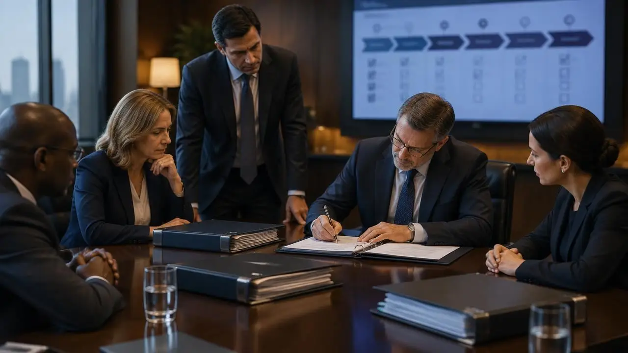 Investment committee member signing an approval while colleagues review binders
