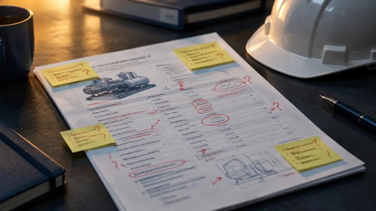 Machinery specification marked up with red corrections and sticky notes
