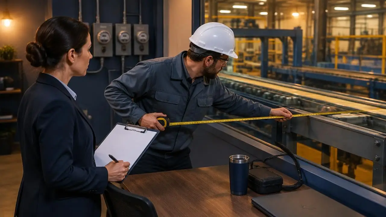 Buyer with a clipboard while an engineer measures an existing production line beside utility meters