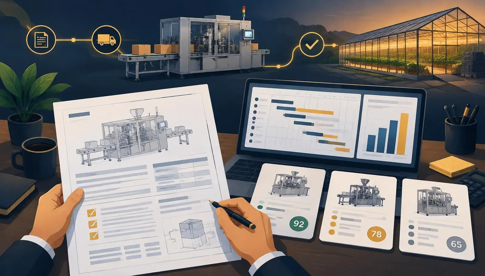 Illustration of a project manager holding an equipment specification beside a laptop showing a Gantt timeline and budget chart, three scored supplier quote cards, and a packaging line and greenhouse connected by a delivery path