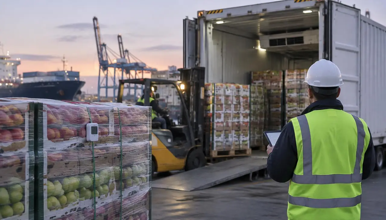 Wrapped pallets of fresh produce cartons with a temperature logger strapped on, being loaded by forklift into a refrigerated container at a port at dusk while a worker in a hi-vis vest checks a tablet