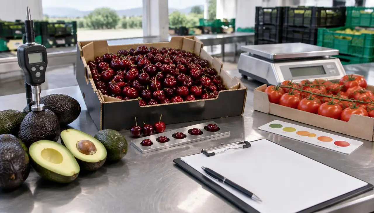 Inspection table with halved Hass avocados beside a firmness tester, an export carton of dark red cherries with a sizing gauge, vine tomatoes with a colour chart, a scale and a blank checklist
