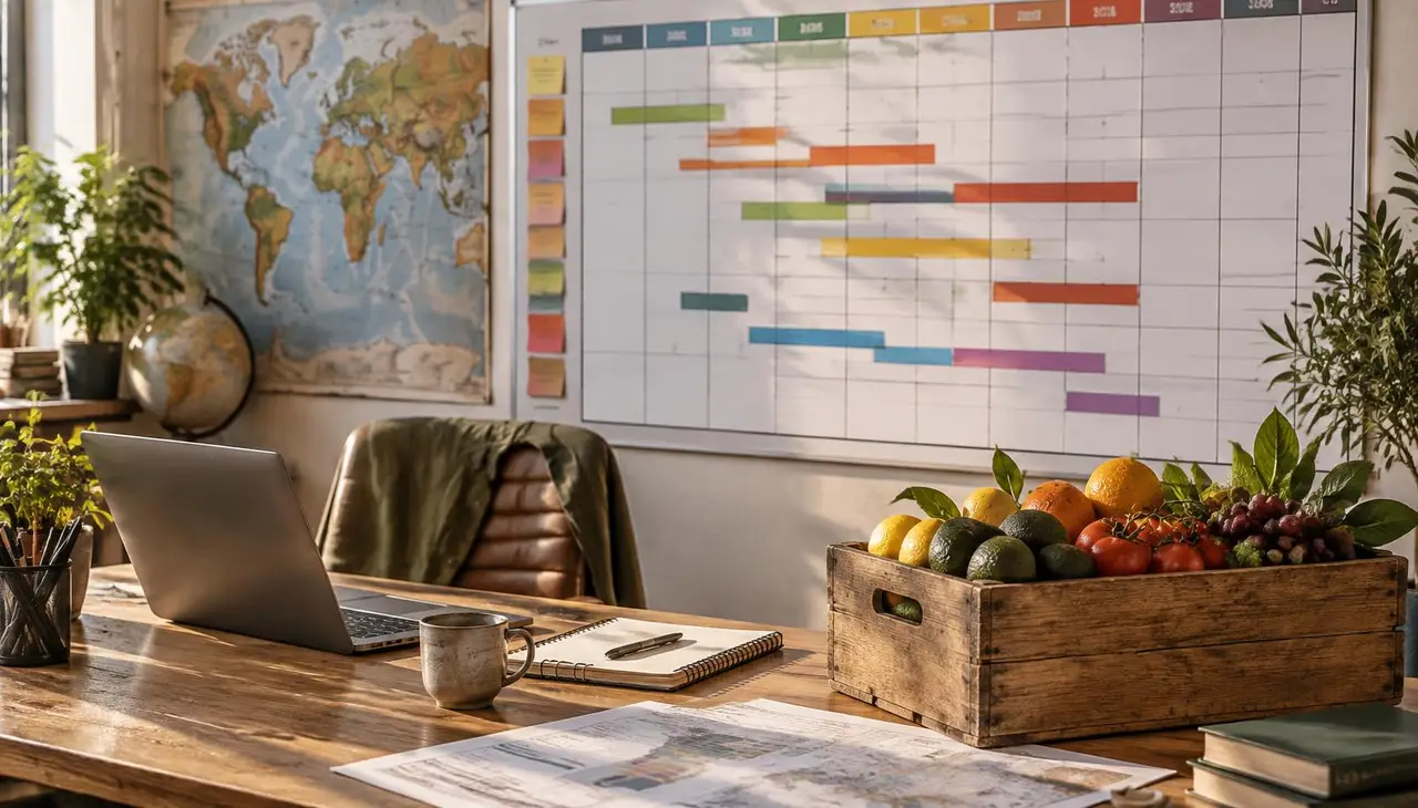 Mesa de planejamento com um calendário de parede de doze colunas com barras coloridas sobrepostas, um mapa-múndi, um notebook e um caixote de madeira com abacates, tomates, cítricos e uvas