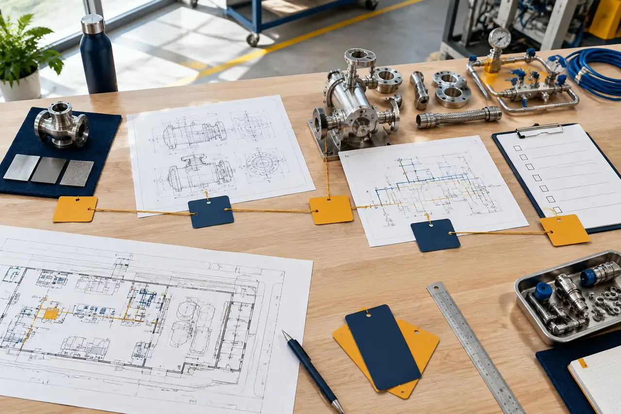 Engineering planning desk with site drawings, mechanical components and milestone cards linked to a checklist