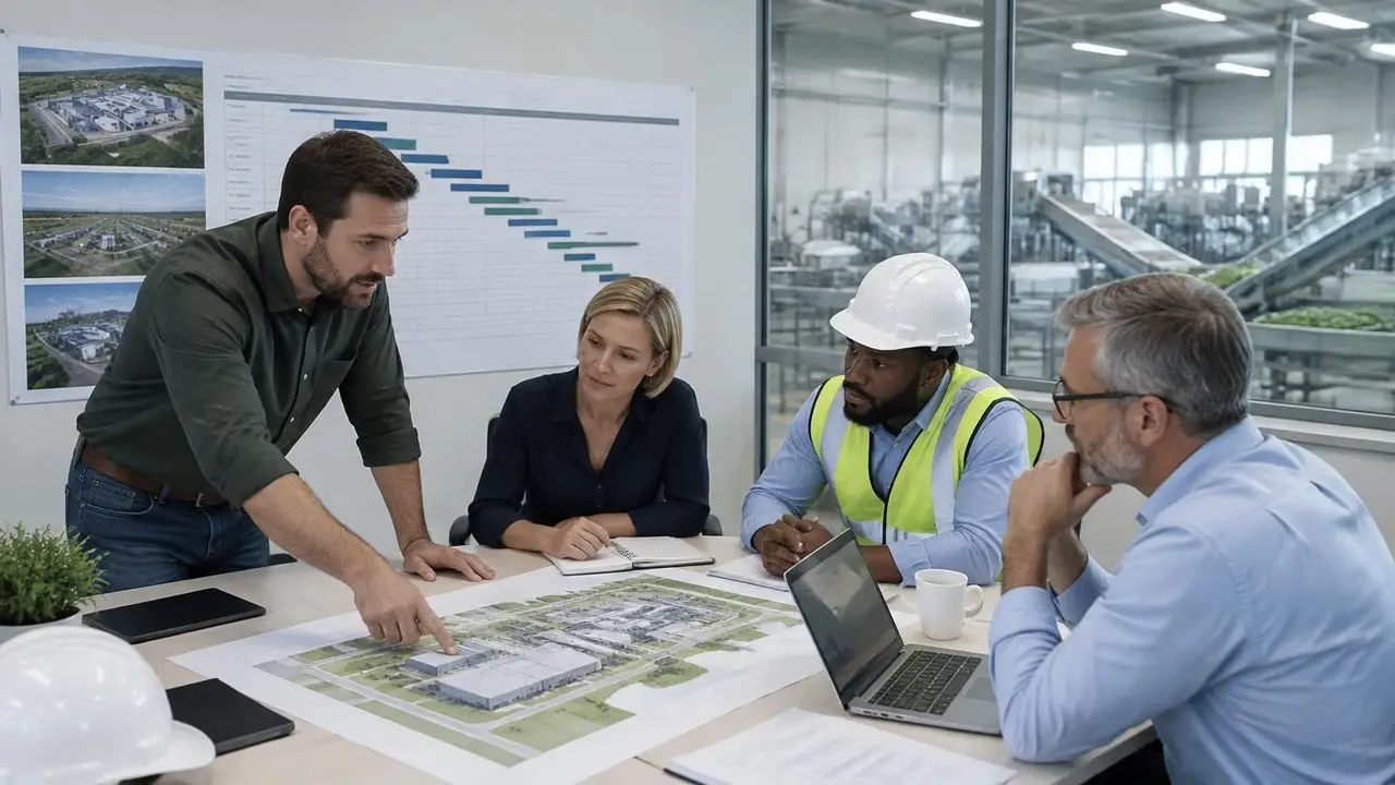 Consultant, operations manager, site engineer and finance lead planning around a site layout drawing with a phased timeline on the wall
