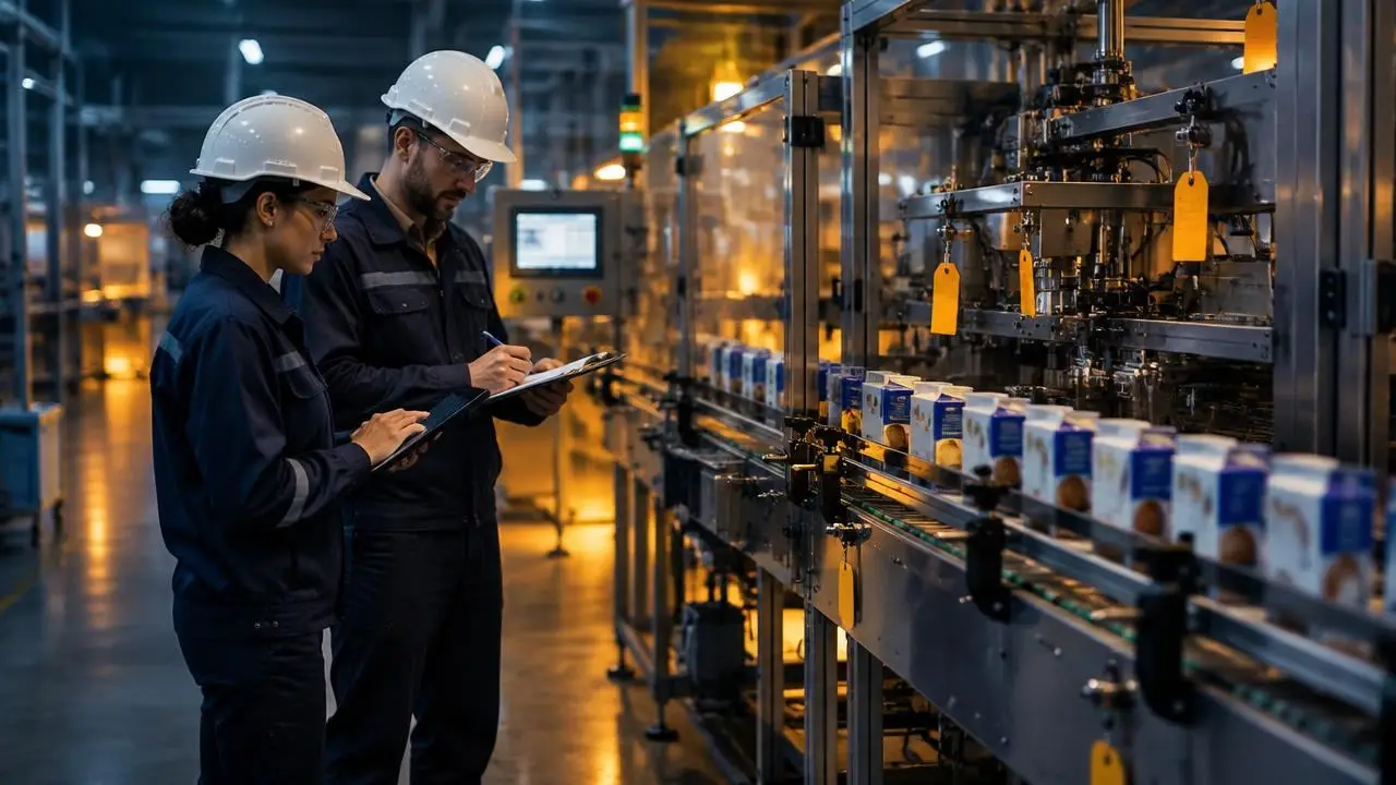 Two engineers recording test results beside a running packaging line tagged for commissioning