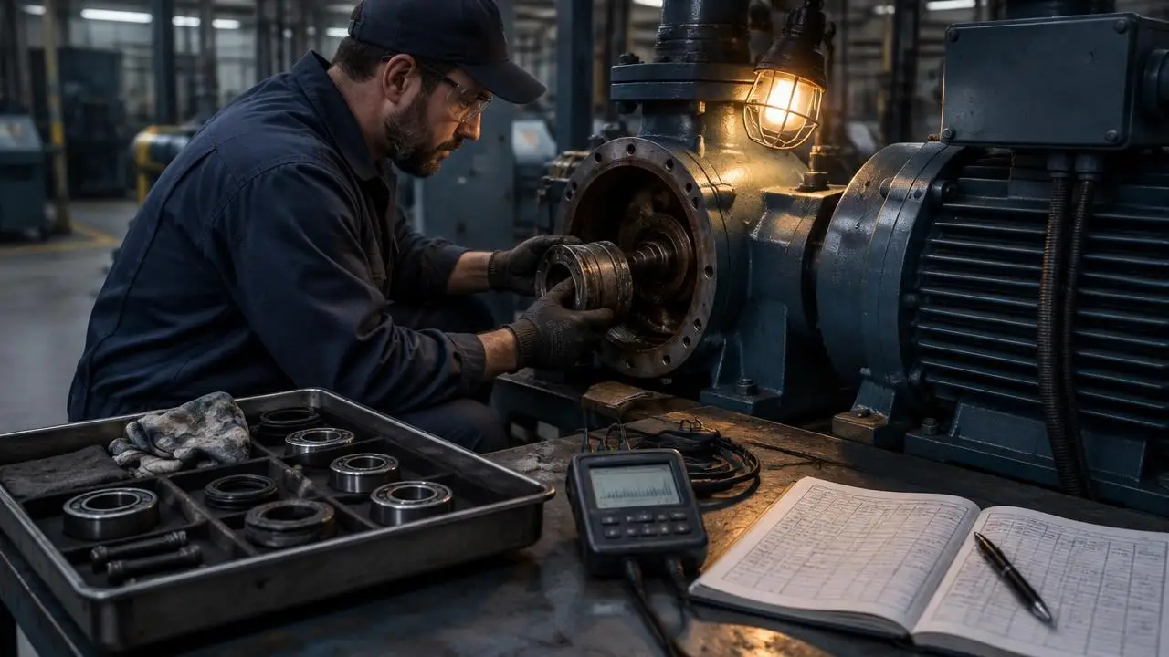 Technician replacing a worn part next to spare parts, an energy meter and a maintenance log