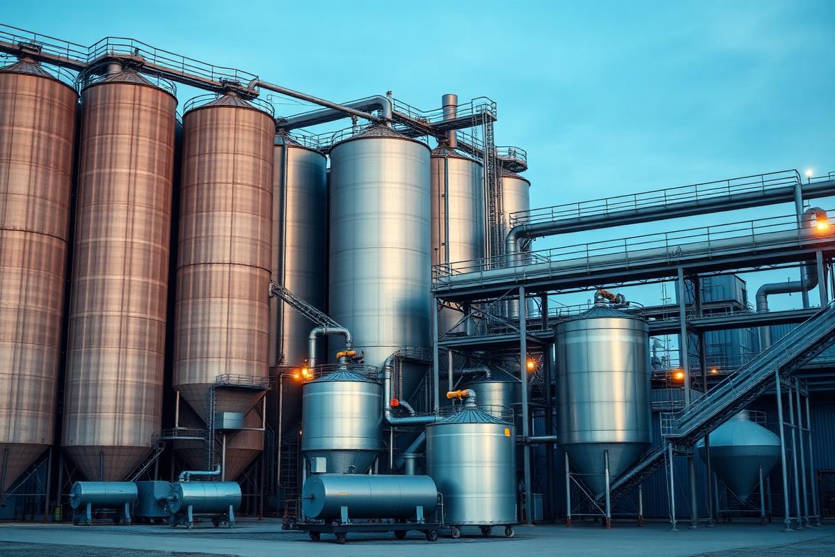 Industrial animal feed mill with silos, conveyors and pelleting plant at dusk
