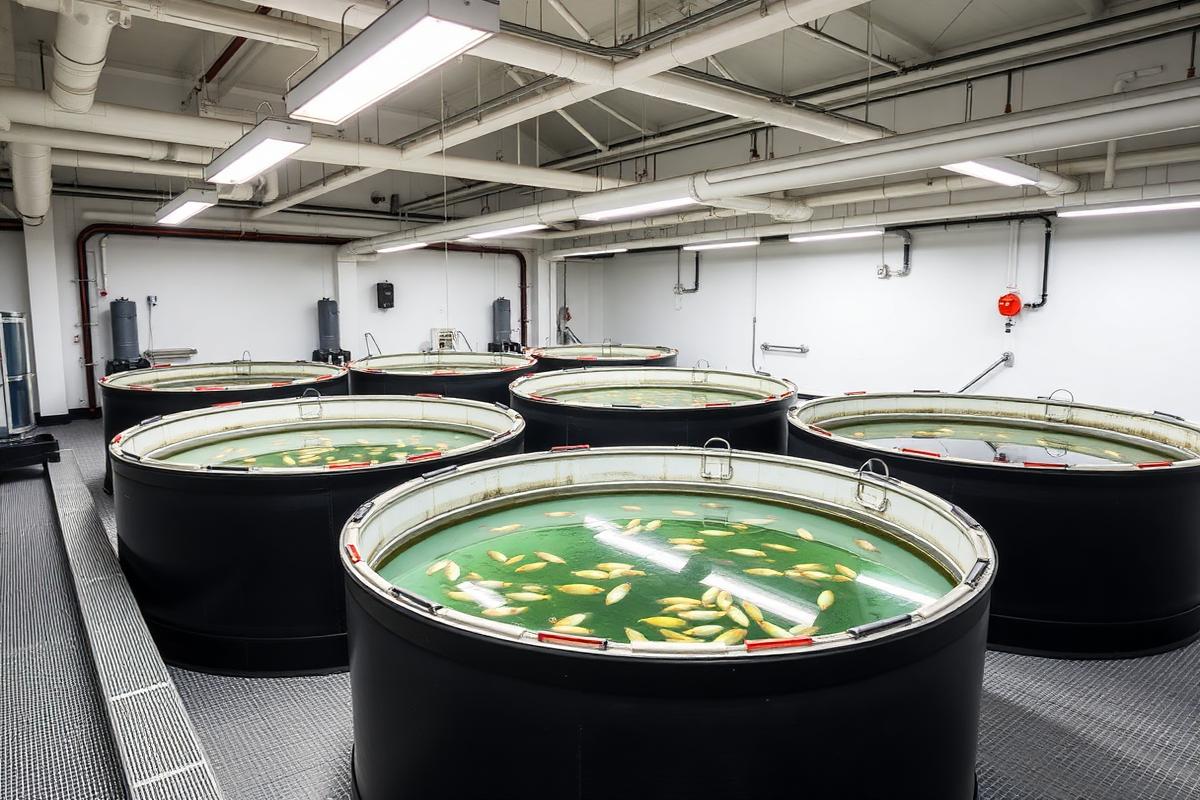 Indoor recirculating aquaculture facility with circular tanks and water treatment piping