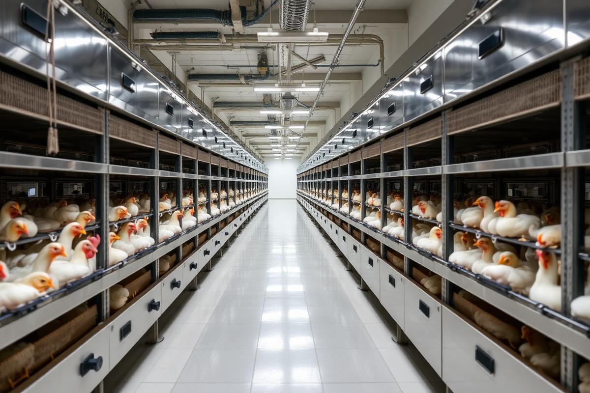Modern poultry hatchery corridor with rows of stainless steel incubation equipment
