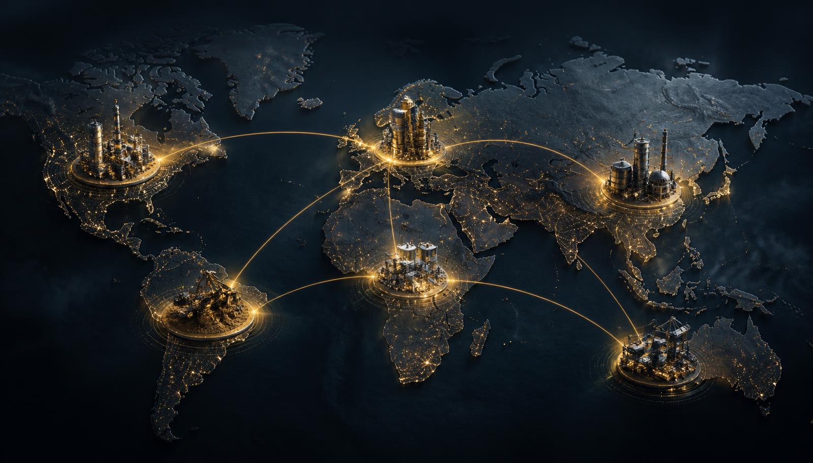 Dark world map with glowing gold links between five specialist industrial procurement hubs