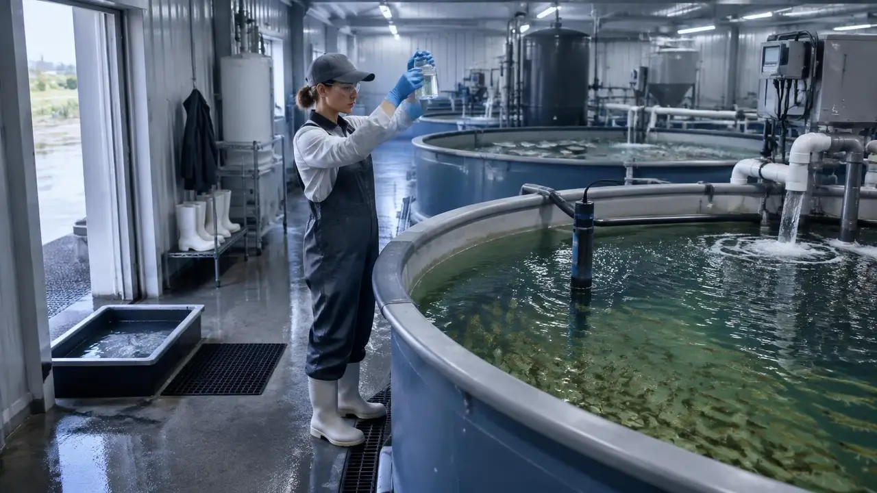 Technician testing a water sample beside circular aquaculture tanks with oxygen probes and a disinfection footbath at the entrance