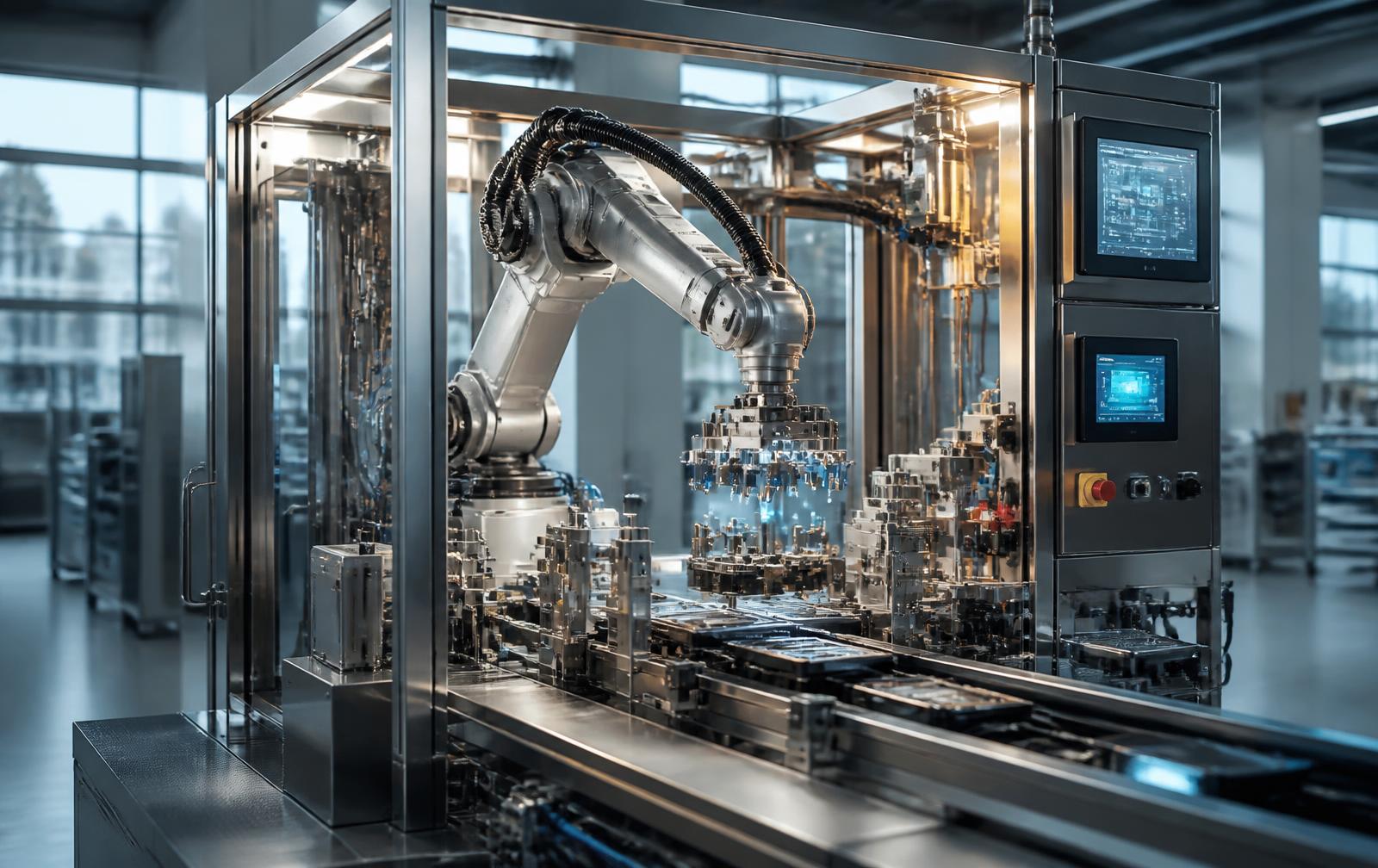 Bespoke special-purpose machine with robotic cell and precision conveyor on a modern factory floor