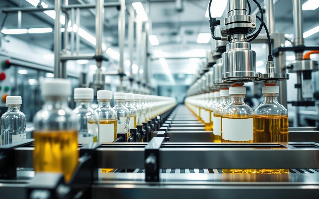 Cosmetics filling and labelling line with glass bottles