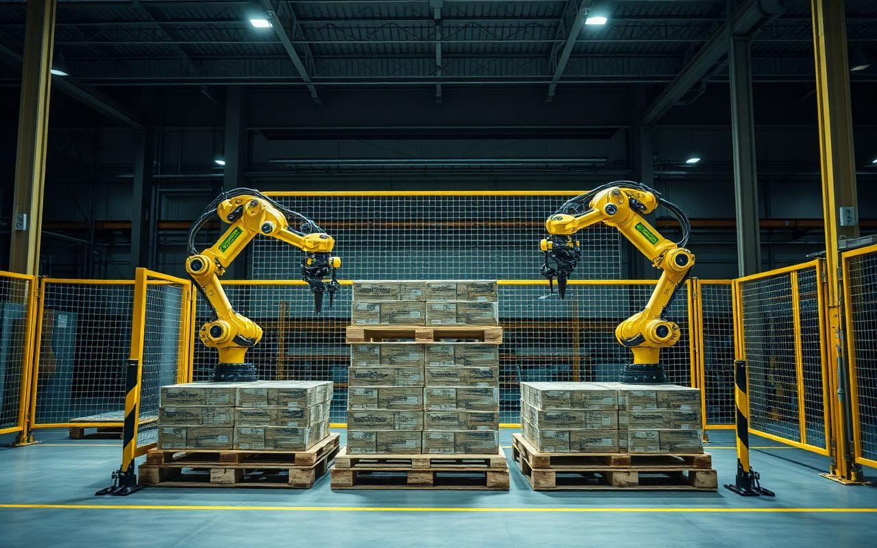 Robotic palletising cell with two robot arms