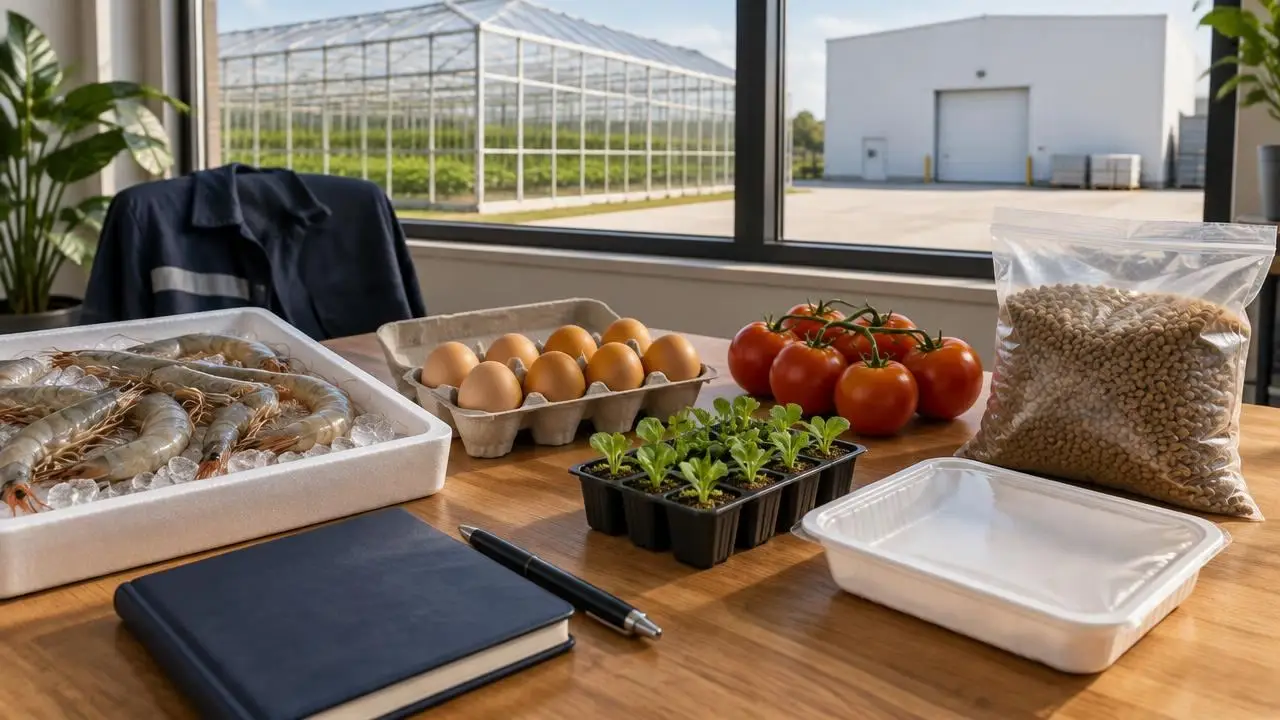 Shrimp on ice, eggs, greenhouse tomatoes, seedlings, feed pellets and a food tray on a planning table, with a greenhouse and cold store outside