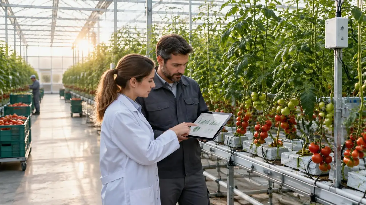Agronomist and project engineer reviewing yield charts on a tablet beside rows of greenhouse tomato plants with drip irrigation and climate sensors