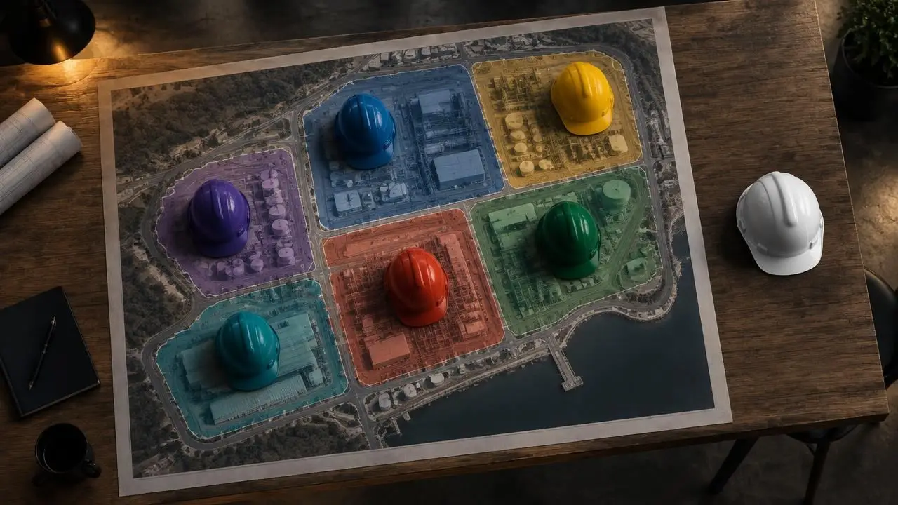 Site plan split into work packages with several contractor helmets beside one single helmet