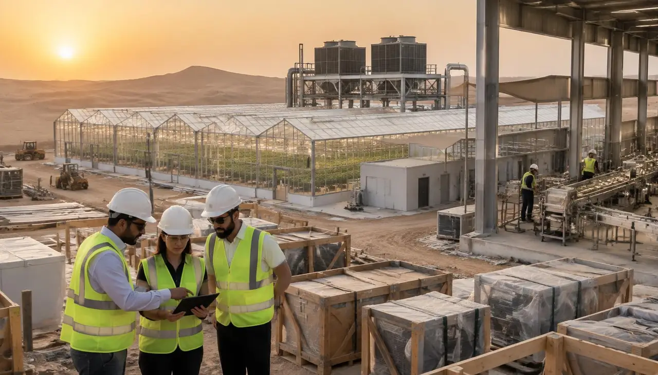 Project engineers in hard hats reviewing drawings on a tablet beside crated imported equipment at a UAE desert site, with a greenhouse and a partly installed stainless-steel processing line behind them