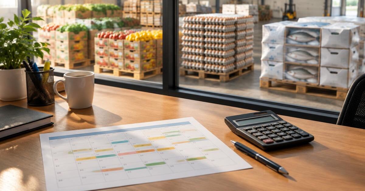 Desk with a printed delivery calendar, calculator and pen, with pallets of produce, egg trays and fish boxes in a warehouse behind the window