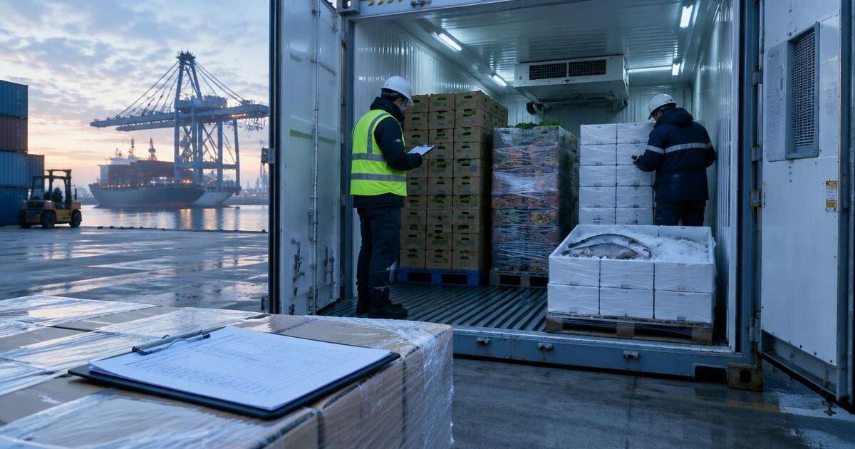 Inspectors checking pallets of produce cartons and white fish boxes inside an open refrigerated container at a port at dawn