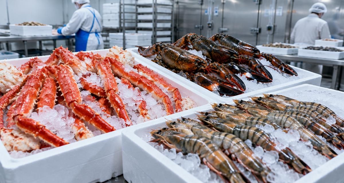 Glazed king crab legs, whole lobsters and large striped shrimp on crushed ice in white insulated boxes in a cold-store processing room