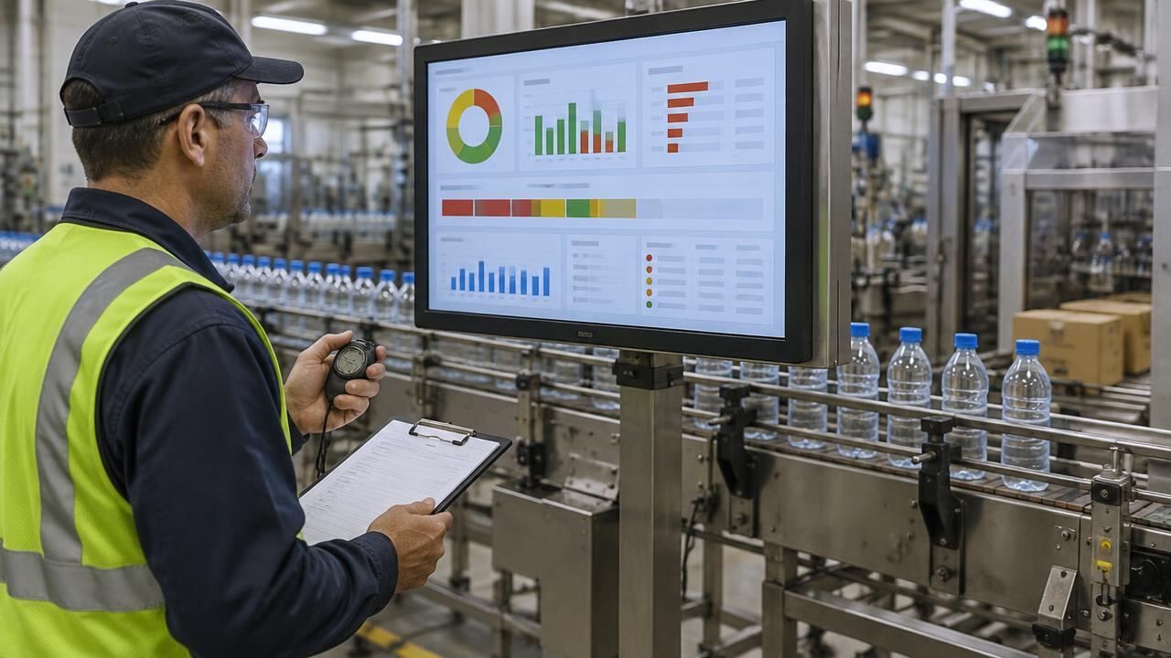 Production supervisor with a stopwatch and clipboard reviewing an OEE downtime dashboard beside a running bottling line