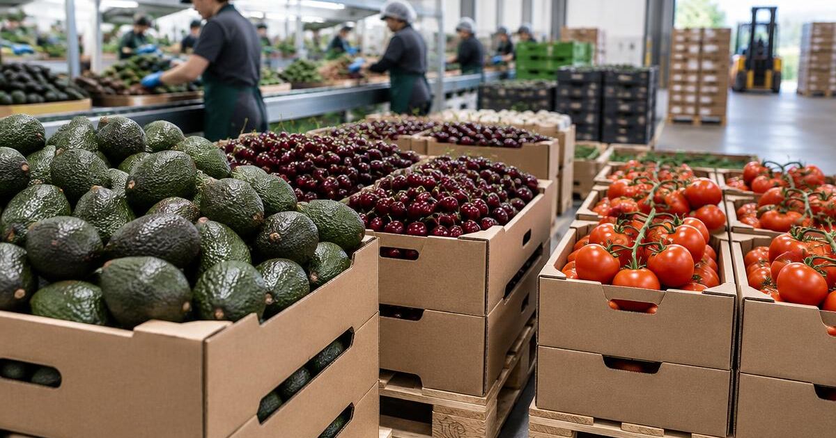 Cartons of Hass avocados, red cherries and vine tomatoes on pallets in a produce packhouse